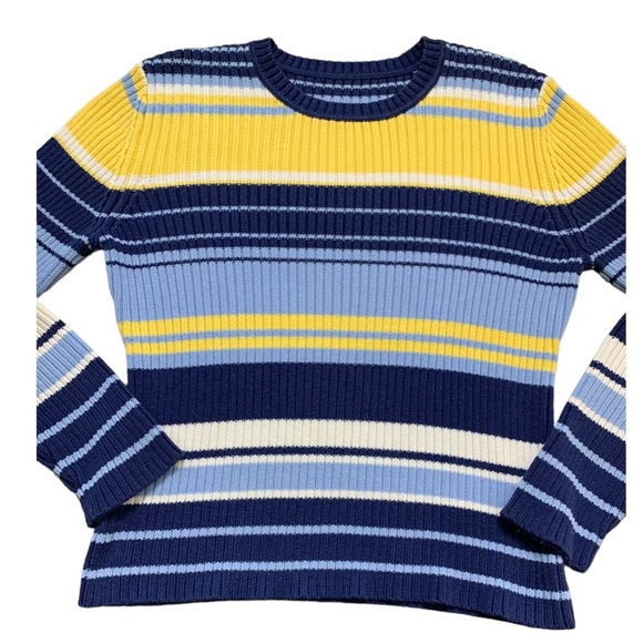 VINTAGE College Preppy Knit Varsity Stripe Long Sleeve Sweater Blue/Yellow Small - Picture 5 of 7